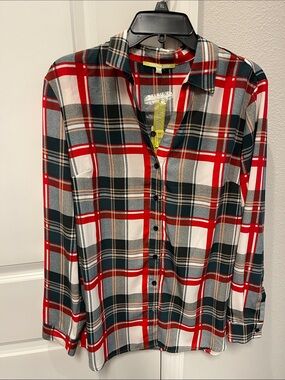 Gianni Bini Red, Black & White Plaid Button-Down Shirt NWT